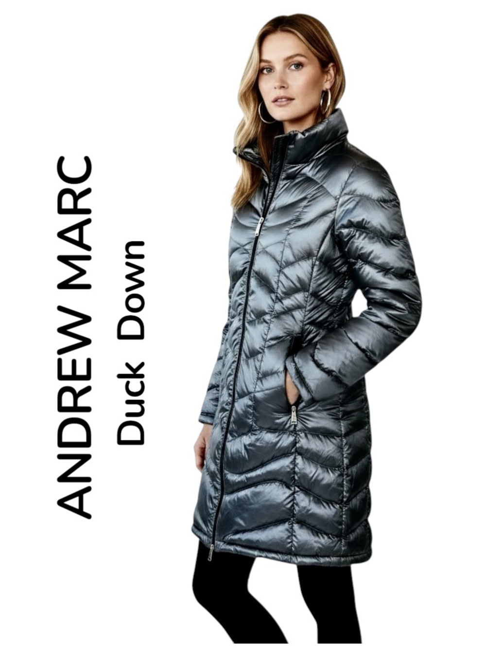Andrew Marc Jacket Premium 650 Fill Down Puffer Coat Metallic Silver Packable L